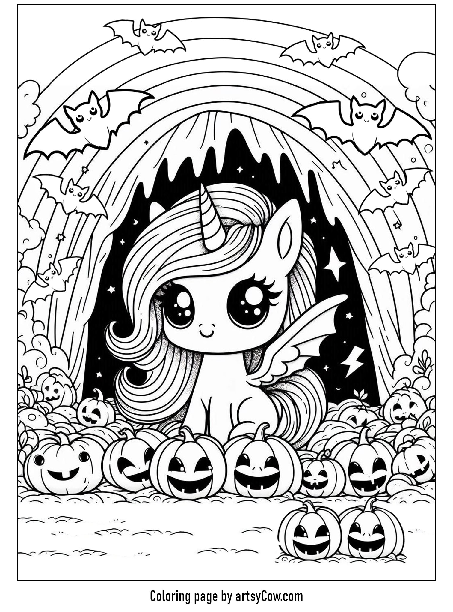 halloween coloring pages with unicorn 2 featuring a cute unicorn with big eyes sitting among smiling pumpkins in a cave surrounded by happy bats.